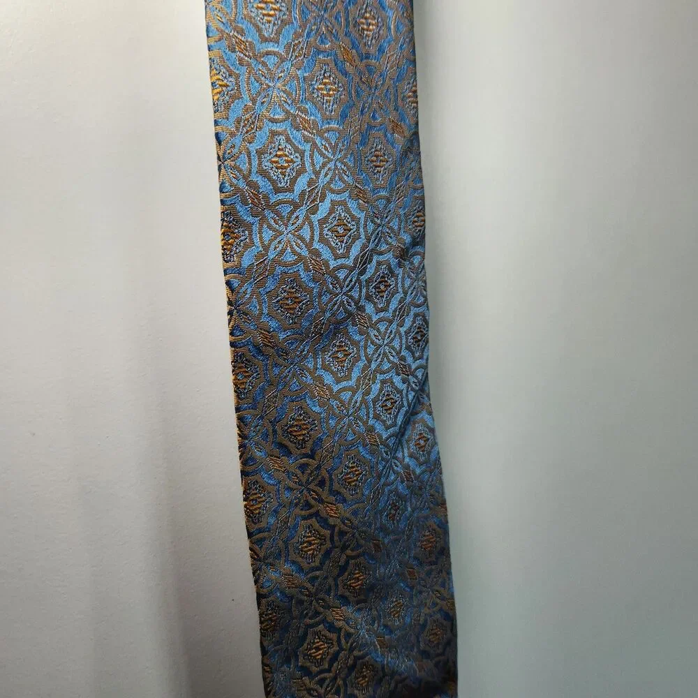 Nino Orsini Designer Silk Tie Blue Gold Plaid Geometric Vintage 50s Mid Century